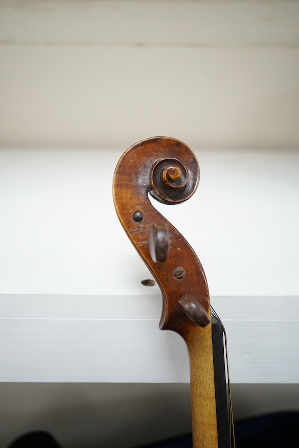 Three violins; a 3/4 Czech, a 1/2 size German and a 1/4 size Czech, all cased. Condition - fair to good